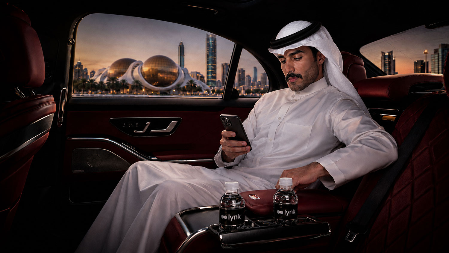 Lynk chauffeur with a Mercedes beside the Kuwait Towers